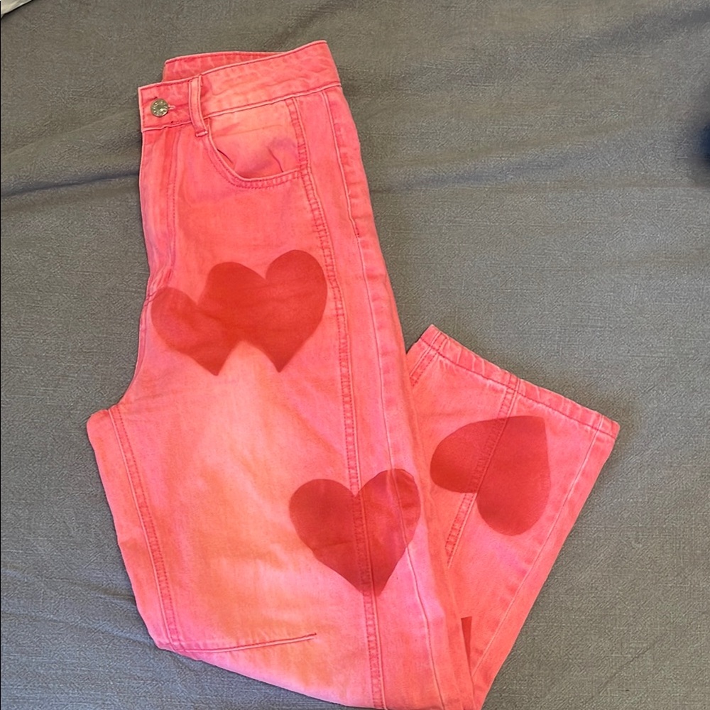 Pink Heart-Patterned Women's Jeans